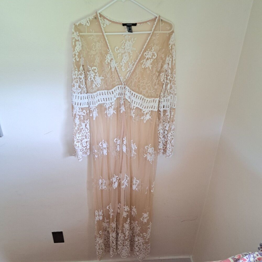 Forever 21 Duster Kimono Tan Floral Lace Mesh Maxi Boho Embroider Sheer Cover Up